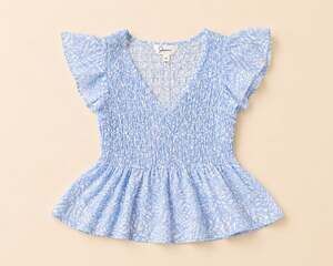 Japna Blue Smocked Flutter Sleeve Babydoll Peplum Top XS